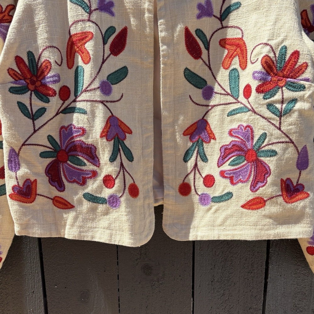 Anthropologie Dolan Boho Folk Art Embroidered Linen Blnd Jacket L Crop Floral - Picture 5 of 12